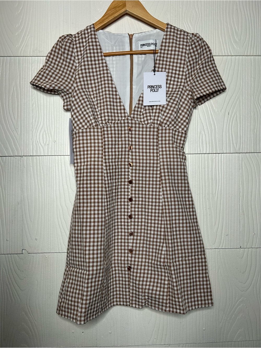 Princess Polly Brown Gingham Button-Front Mini Dress